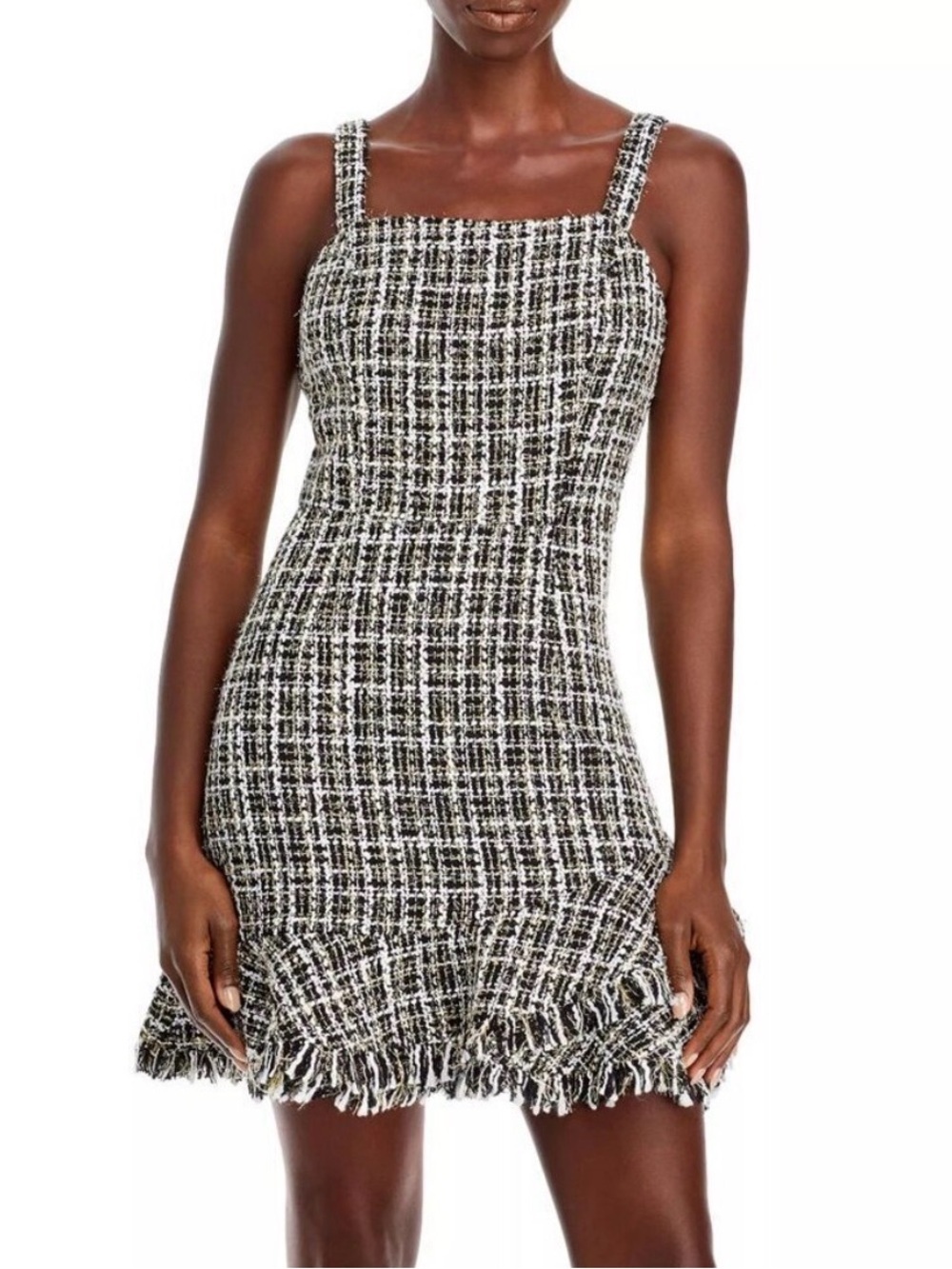 Aqua Black & White Tweed Mini Dress with Fringe Hem